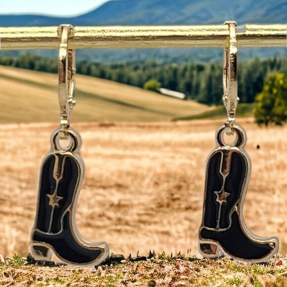 Cowboy Boot Black Dainty Dangle Earrings Gold Star Cowgirl Jewelry Western NWT - Picture 8 of 9